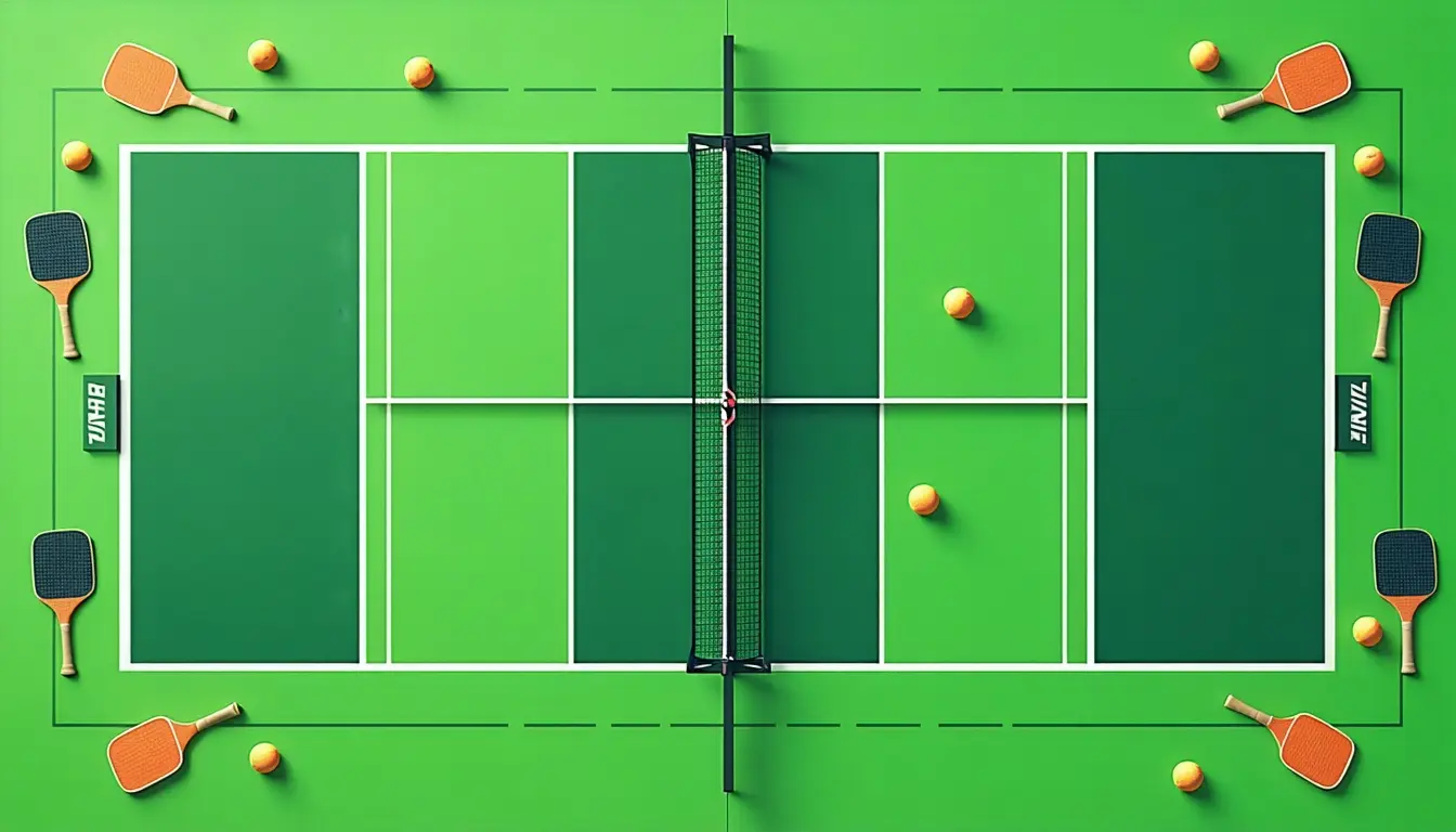 Overhead view of a bright green pickleball court with paddles and balls